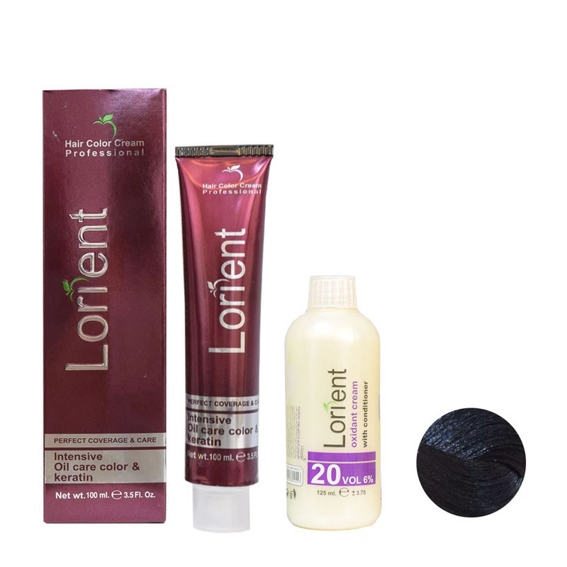 رنگ مو لورینت شماره C1 حجم 100 میلی لیتر رنگ مشکی پر کلاغی به همراه اکسیدان مدل 1 شش درصدی حجم 125 میلی لیتر