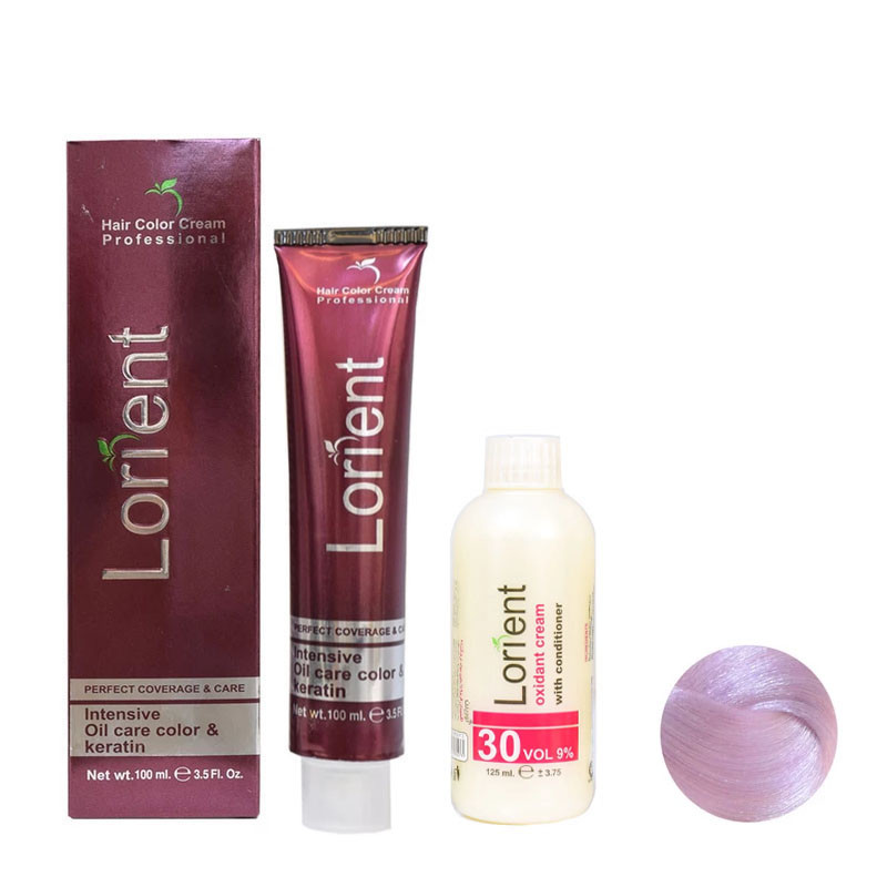 رنگ مو لورینت شماره PF.1 حجم 100 میلی لیتر رنگ ارکیده وحشی به همراه اکسیدان مدل 2 نه درصدی حجم 125 میلی لیتر