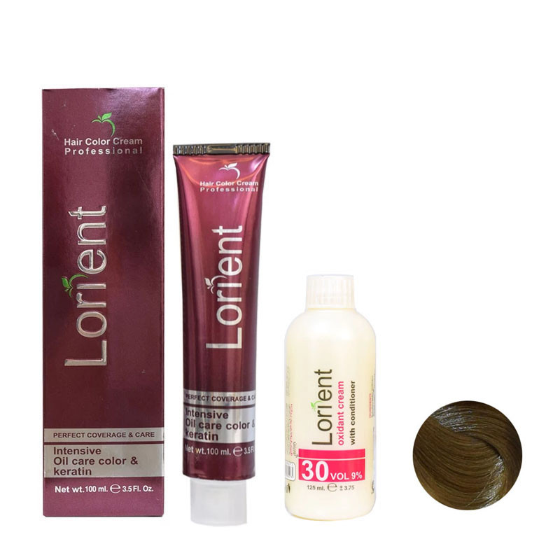 رنگ مو لورینت شماره M7 حجم 100 میلی لیتر رنگ بلوند زیتونی روشن به همراه اکسیدان مدل 2 نه درصدی حجم 125 میلی لیتر