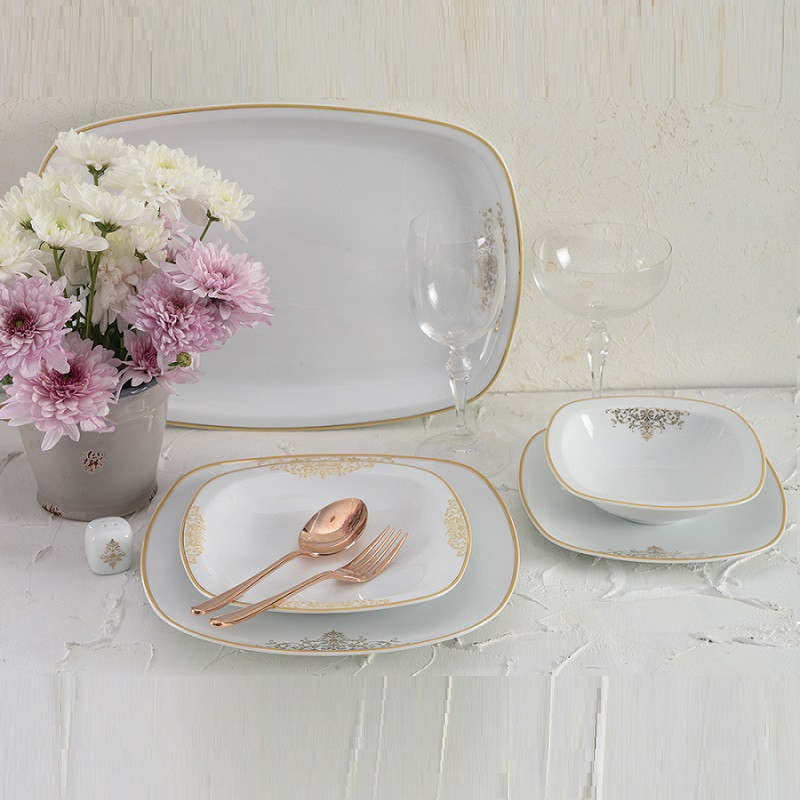 سرویس غذاخوری 27 پارچه چینی زرین ایران سری کواترو مدل مونت کارلو طلایی درجه عالی