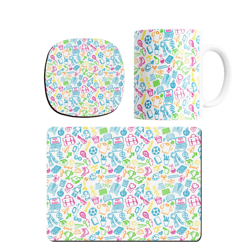 ماگ ترمه طراحان ایده مدل پترن وسایل رنگی مدرسه کد strm0298 همراه با زیر لیوانی و موس پد