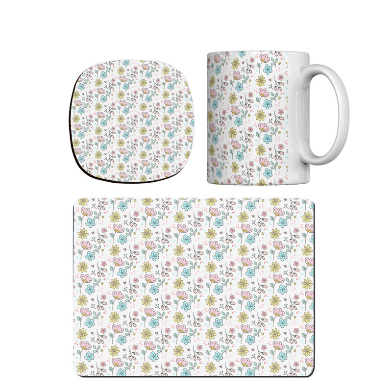 ماگ ترمه طراحان ایده مدل پترن گل های رنگارنگ کد strm0090 همراه با زیر لیوانی و موس پد