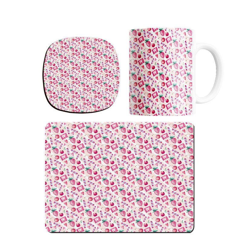 ماگ ترمه طراحان ایده مدل پترن توت فرنگی و گیلاس کد strm0309 همراه با زیر لیوانی و موس پد