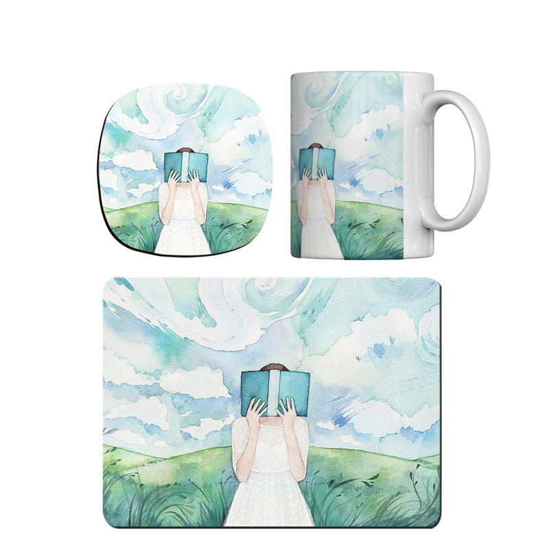 ماگ ترمه طراحان ایده مدل دختر کتابخوان کد cfp1408 همراه با زیر لیوانی و موس پد