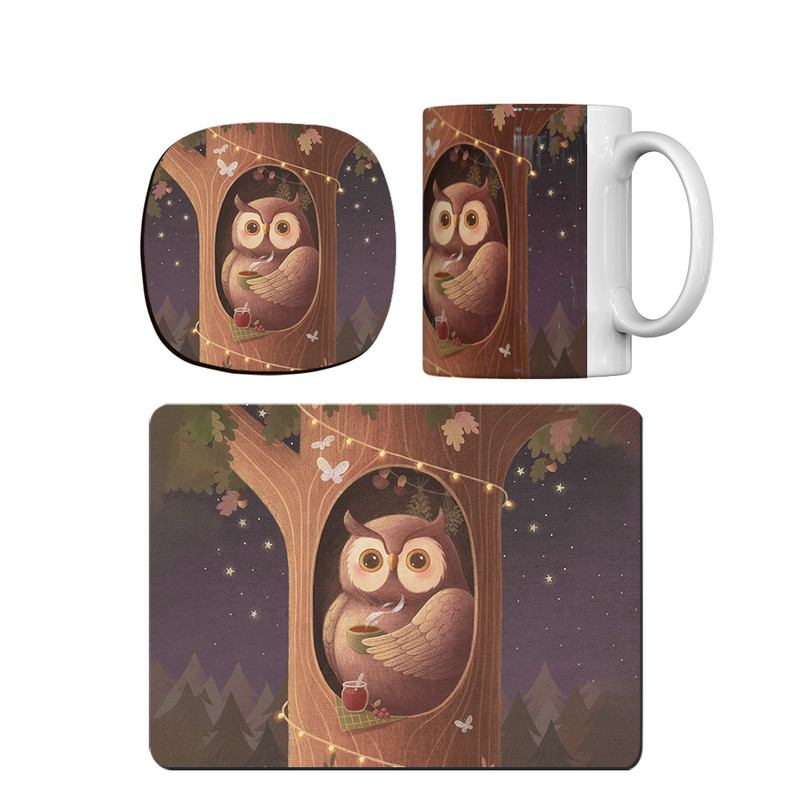 ماگ ترمه طراحان ایده مدل جغد و چای دم کرده کد cfp1611 همراه با زیر لیوانی و موس پد