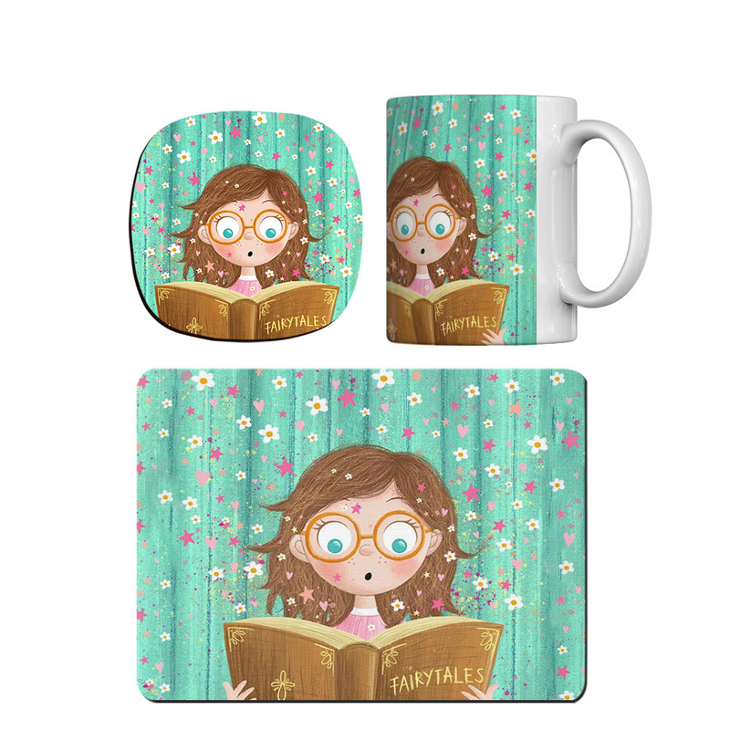 ماگ ترمه طراحان ایده مدل دخترک کتابخون کد cfp1407 همراه با زیر لیوانی و موس پد