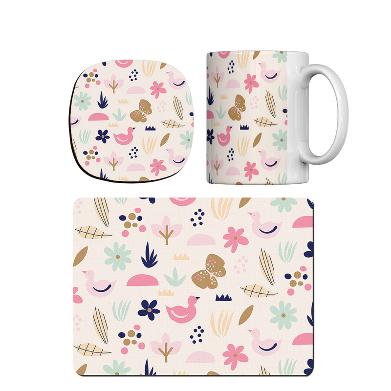 ماگ ترمه طراحان ایده مدل پترن اردک و گل رنگی کد strm0126 همراه با زیر لیوانی و موس پد