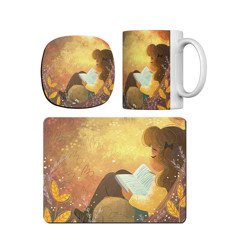 ماگ ترمه طراحان ایده مدل دختر کتابخوان در طبیعت کد cfp1704 همراه با زیر لیوانی و موس پد