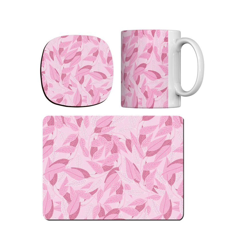 ماگ ترمه طراحان ایده مدل پترن برگ های صورتی کد strm0178 همراه با زیر لیوانی و موس پد