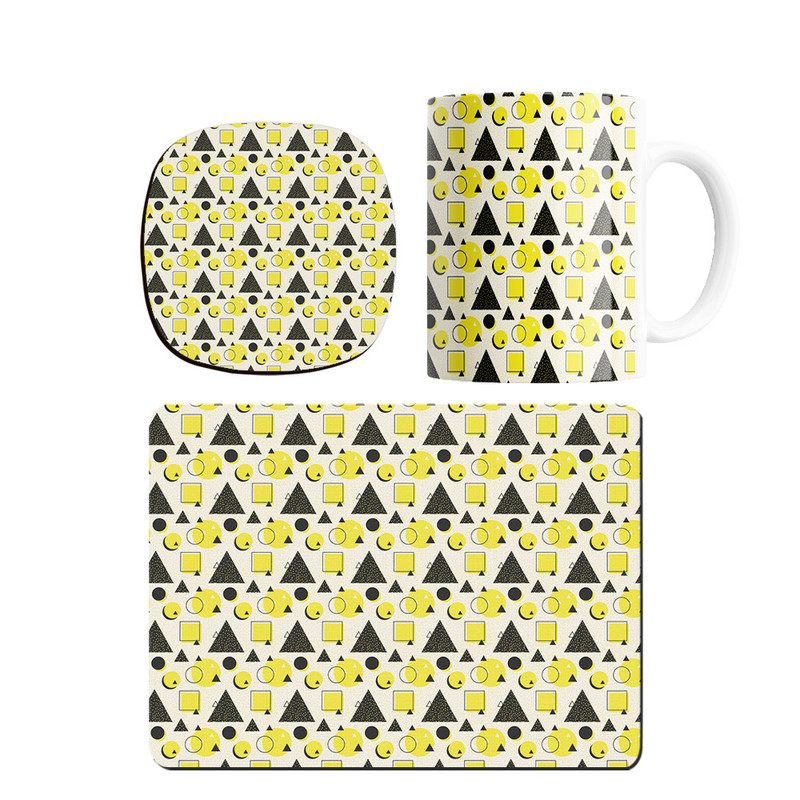 ست ماگ ترمه طراحان ایده مدل پترن دایره و مثلث مشکی کد strm0250 همراه با زیر لیوانی و موس پد