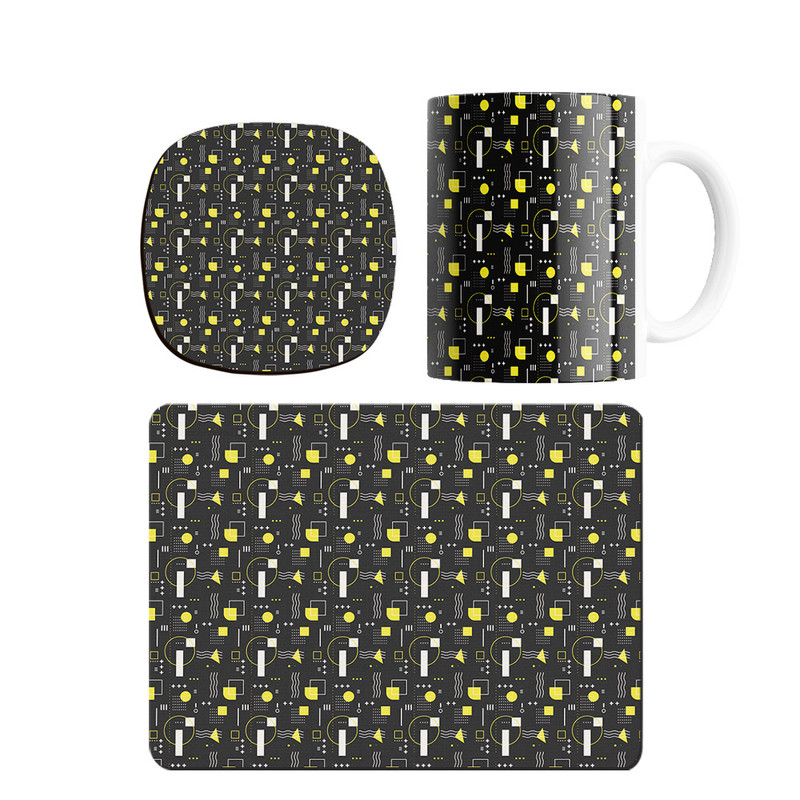 ست ماگ ترمه طراحان ایده مدل پترن دایره و مثلث زرد کد strm0251 همراه با زیر لیوانی و موس پد