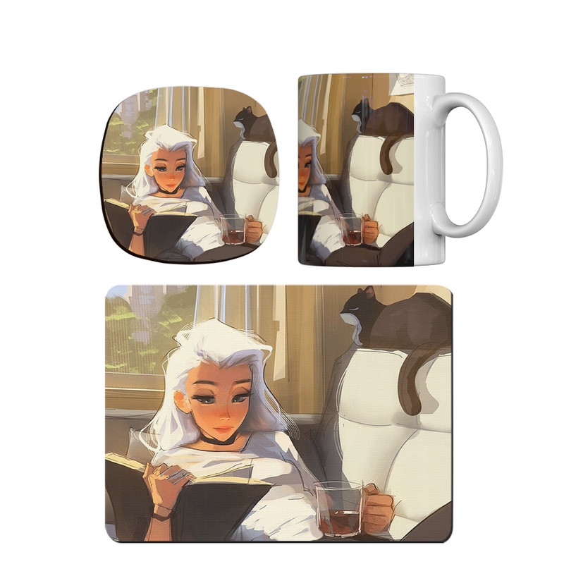 ماگ ترمه طراحان ایده مدل دختر و گربه ی کتابخوان کد cfp1712 همراه با زیر لیوانی و موس پد