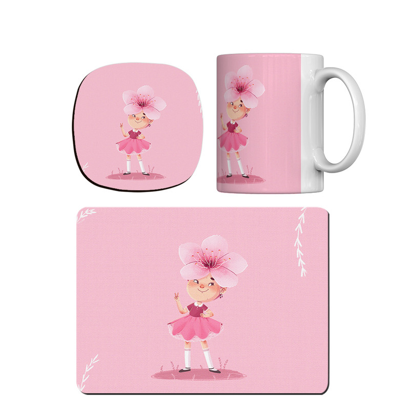 ماگ ترمه طراحان ایده مدل دختر گل صورتی کد cfp1590 همراه با زیر لیوانی و موس پد