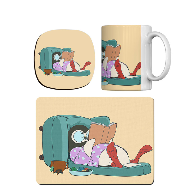 ماگ ترمه طراحان ایده مدل پنگوئن کتابخوان کد cfp1703 همراه با زیر لیوانی و موس پد