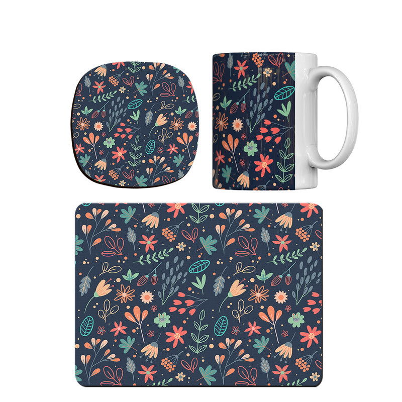 ماگ ترمه طراحان ایده مدل پترن گل و برگ کد strm0109 همراه با زیر لیوانی و موس پد