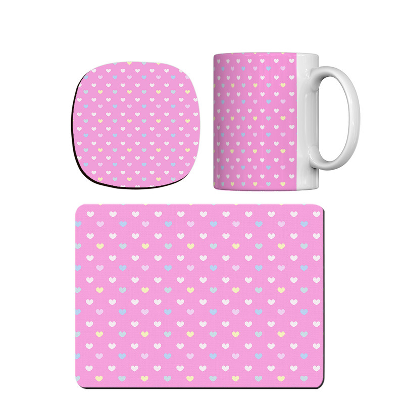 ماگ ترمه طراحان ایده مدل پترن قلب های رنگارنگ کد strm0131 همراه با زیر لیوانی و موس پد