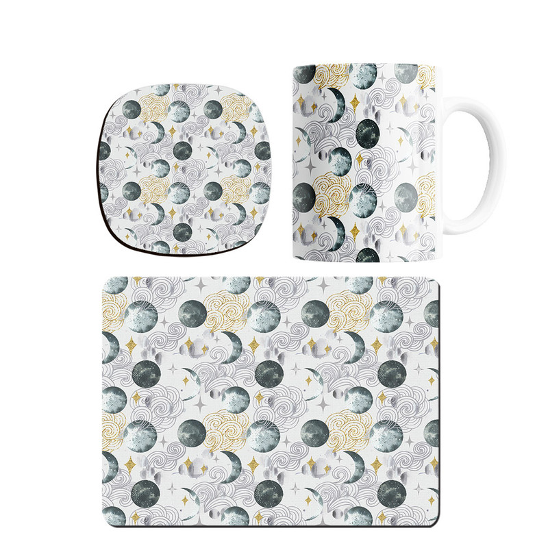 ست ماگ ترمه طراحان ایده مدل پترن زمین و ماه کد strm0248 همراه با زیر لیوانی و موس پد