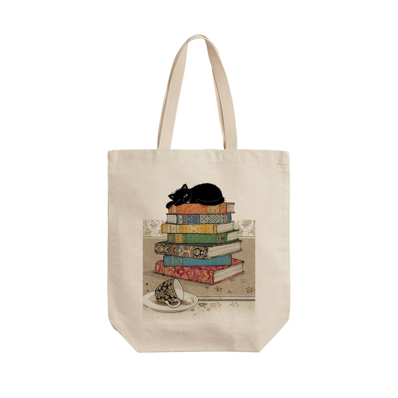 ساک خرید ترمه طراحان ایده مدل گربه خوابیده روی کتاب‌ها کد strm0666 - L