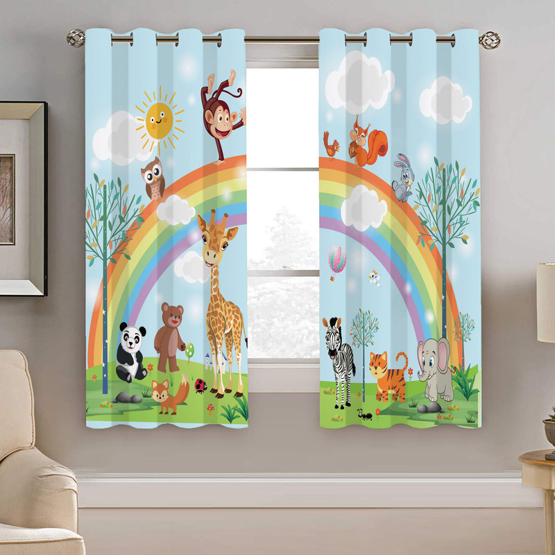 پرده نیروانا طرح رنگین کمان و حیوانات کودک مدل هازان کد 8386 سایز 140×200 سانتی متر