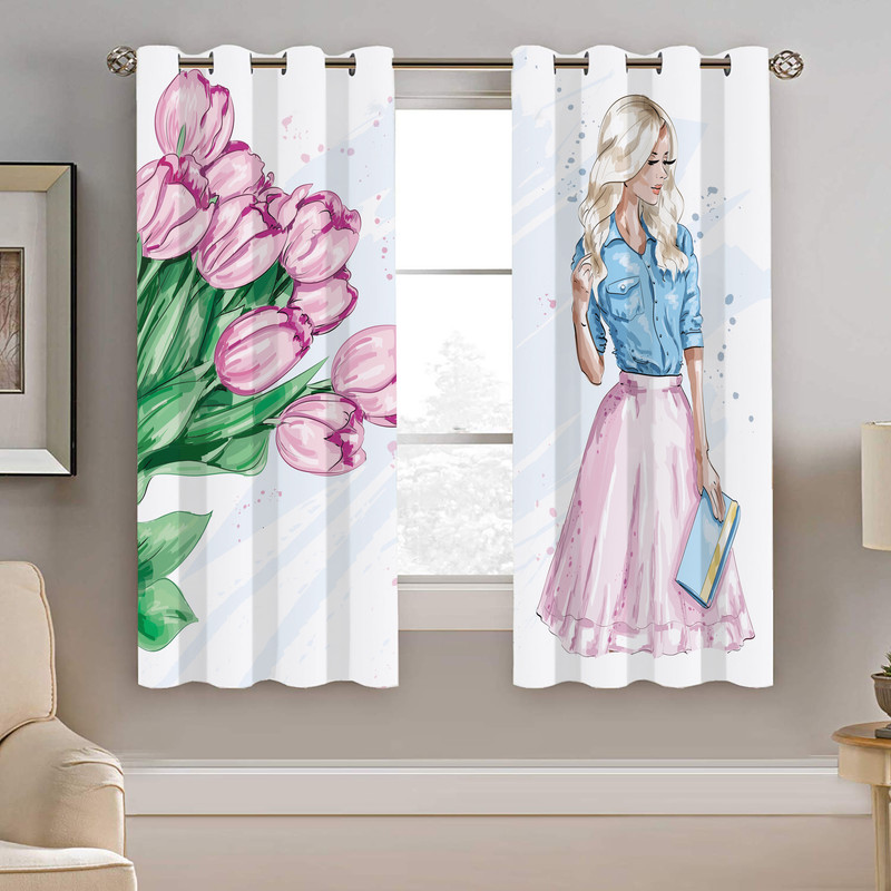 پرده نیروانا طرح زیبای دختر و گل مدل هازان کد 8586 سایز 140×200 سانتی متر