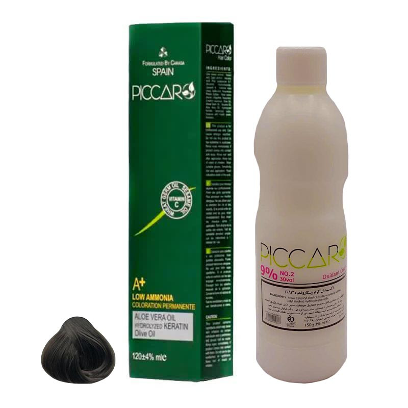 رنگ مو پیکارو شماره M6 حجم 120 میلی لیتر رنگ بلوند زیتونی تیره به همراه اکسیدان پیکارو مدل 2 نه درصدی حجم 150 میلی لیتر