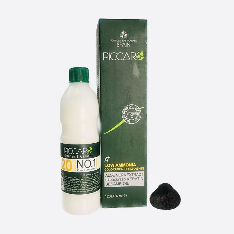  رنگ مو پیکارو شماره 4.11 حجم 120 میلی لیتر رنگ قهوه ای دودی تیره به همراه اکسیدان پیکارو شماره 2 نه درصدی حجم 150 میلی لیتر 