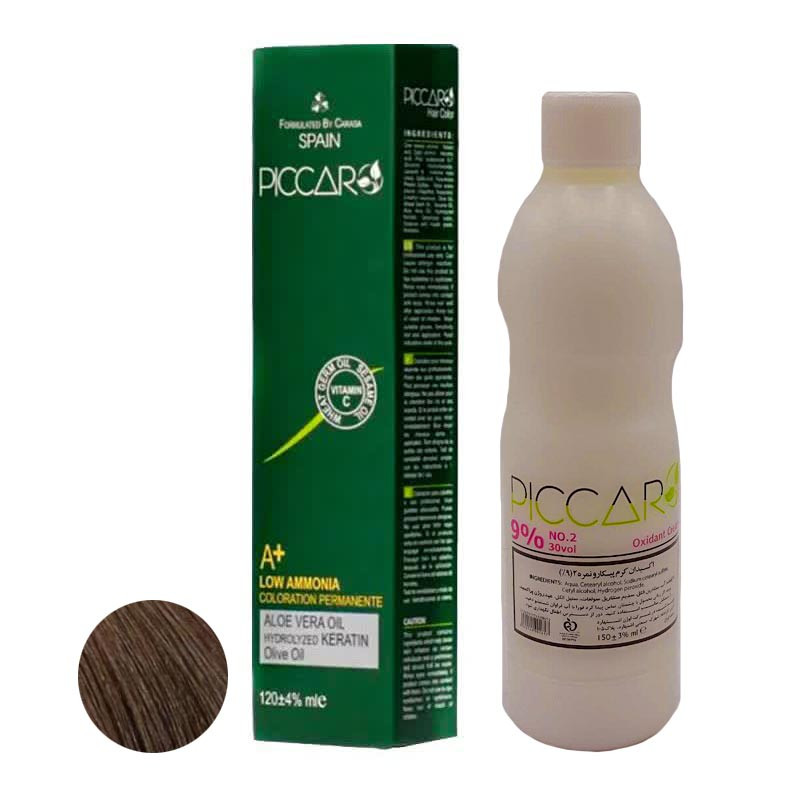 رنگ مو پیکارو شماره 7.7 حجم 120 میلی لیتر رنگ بلوند شکلاتی به همراه اکسیدان پیکارو مدل 2 نه درصدی حجم 150 میلی لیتر