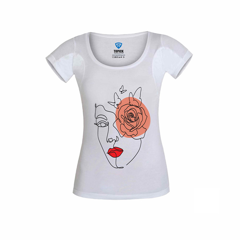 تیشرت آستین کوتاه زنانه تاپیک مدل ضدتعریق طرح چهره و گلبرگ رنگ سفید