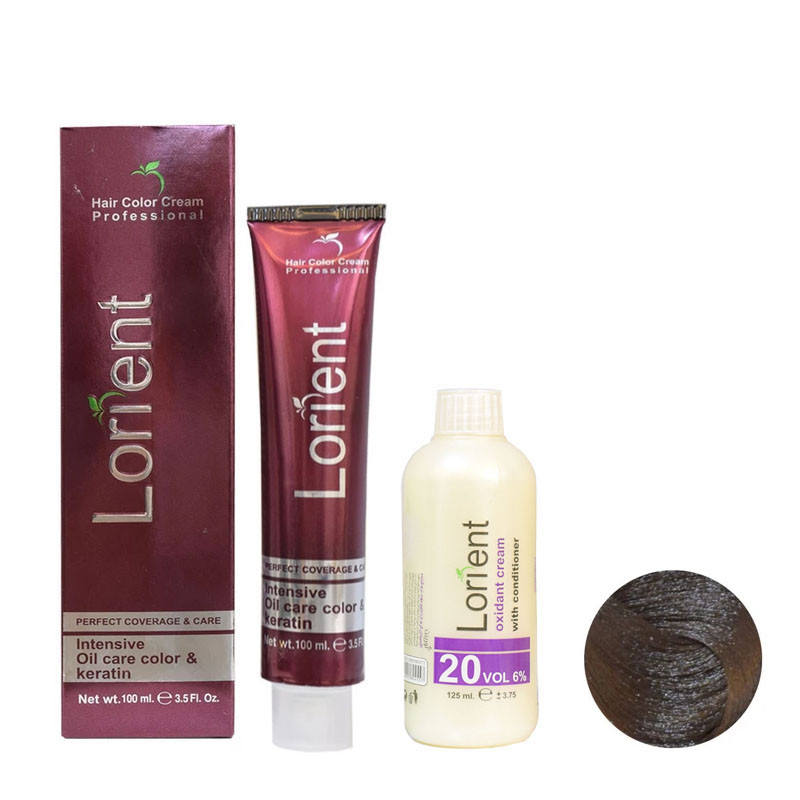 رنگ مو لورینت شماره N3 حجم 100 میلی لیتر رنگ قهوه ای متوسط به همراه اکسیدان مدل 1 شش درصدی حجم 125 میلی لیتر