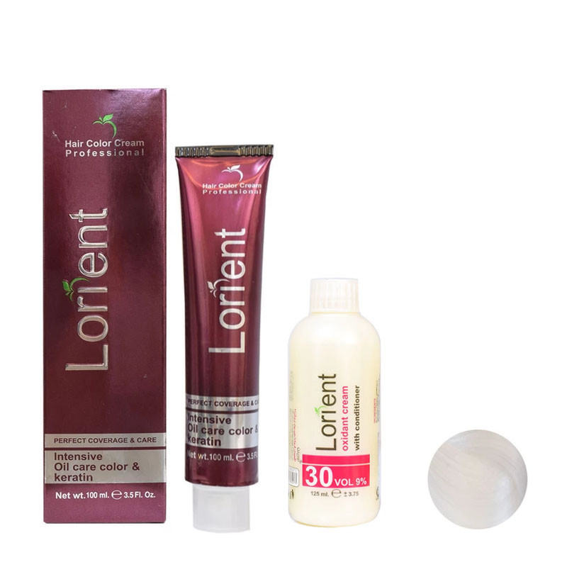 رنگ مو لورینت شماره 90.000 حجم 100 میلی لیتر رنگ سوپر یخی به همراه اکسیدان شماره 2 نه درصدی حجم 125 میلی لیتر