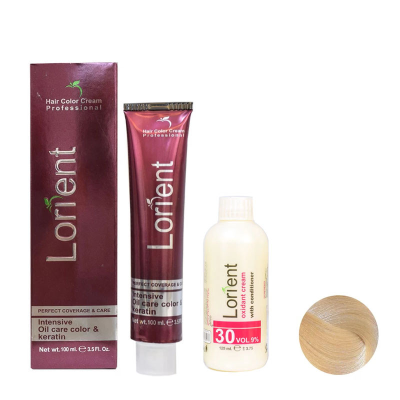 رنگ مو لورینت شماره 12.8 حجم 100 میلی لیتر رنگ سوپر پلاتینه بژ به همراه اکسیدان شماره 2 نه درصدی حجم 125 میلی لیتر