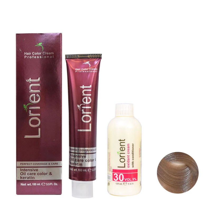 رنگ مو لورینت شماره C8 حجم 100 میلی لیتر رنگ بلوند دودی خیلی روشن به همراه اکسیدان مدل 2 نه درصدی حجم 125 میلی لیتر