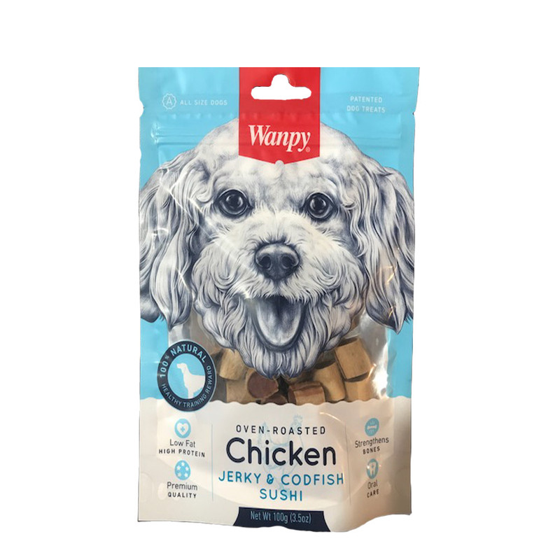 غذای تشویقی سگ ونپی مدل chicken & codfish sushi وزن 100 گرم