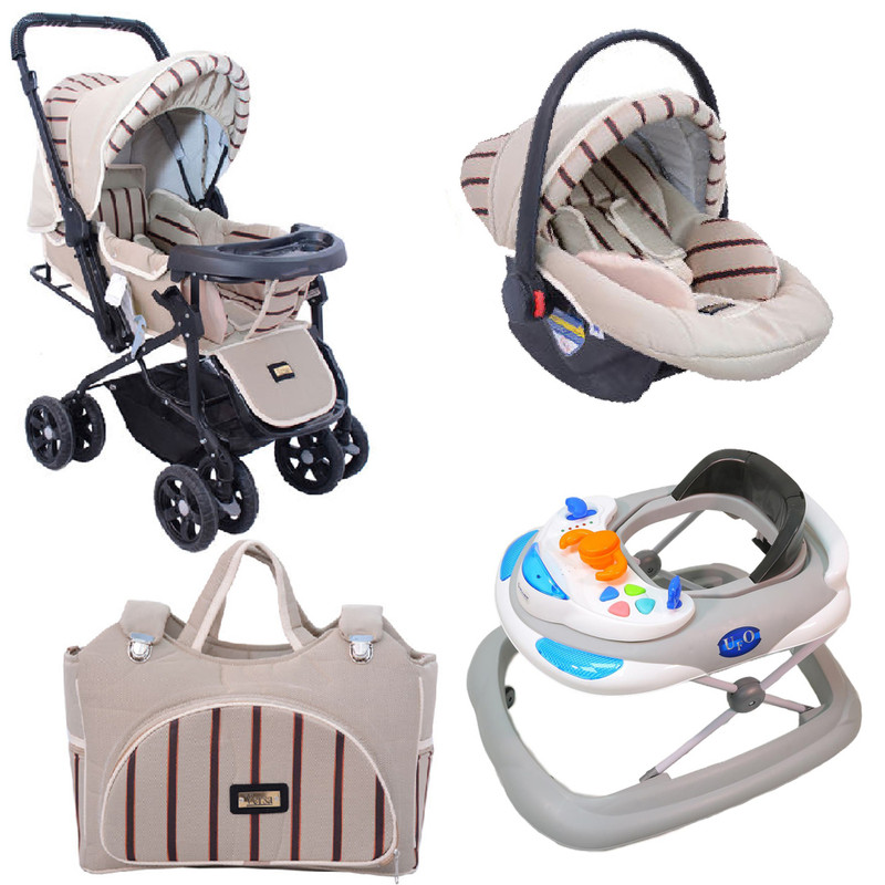  ست کالسکه و کریر مدل راه راه کد 1078 به همراه روروئک و ساک لوازم کودک