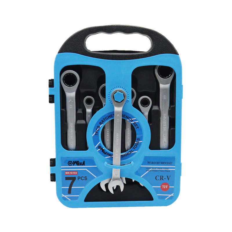 آچار یکسر تخت و یکسر رینگی ویکا مدل جغجغه ای کد YP-WK16102-8/19MM مجموعه 7 عددی 