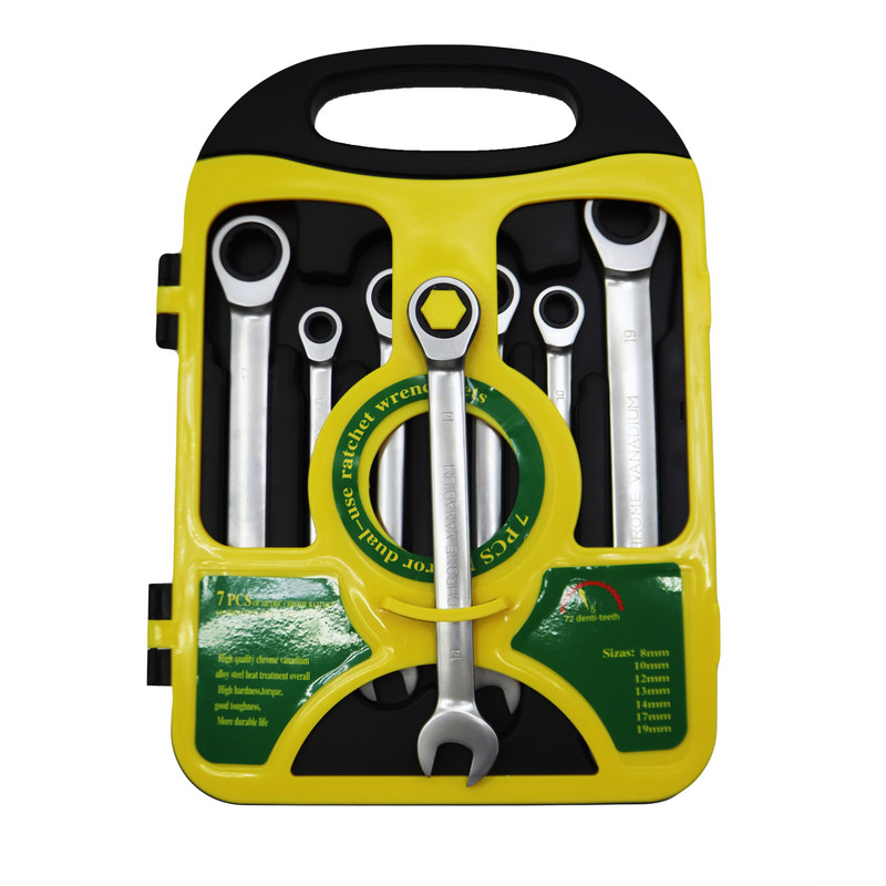 آچار یکسر تخت و یکسر رینگی جغجغه ای کد YP-8/19MM-07 مجموعه 7 عددی