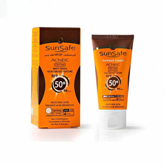 کرم ضد آفتاب فاقد پوست چرب و آکنه ای بژ روشنspf50 سان سیف