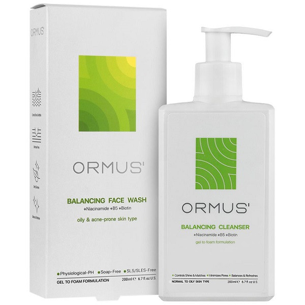 ژل شستشو صورت متعادل کننده پوست اورموس مدل نیاسینامد اسید آلاتوئین B5 مناسب پوست های چرب حجم 200 میلی لیتر