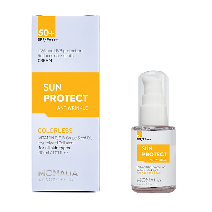 کرم ضد آفتاب بی‌‌‌رنگ مونالیا، 50 SPF، مدل SUNPROTECT،  مناسب انواع پوست با حجم 30 میلی‌لیتر، محافظت‌کننده در برابر اشعه‌های UVA و UVB، ضد آب، PA+++، ضد چروک، دارای فرمولاسیون کلاژن، ویتامین‌های E، C و B، بدون پارابن، الکل و چربی، با ماندگاری 3 ساعته