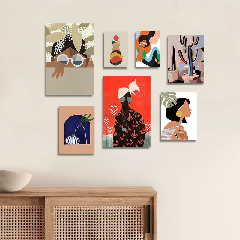 تابلو شاسی بکلیت طرح نقاشی دکوری مدرن سبک کوبیسم مدل SH-1441 مجموعه 7 عددی