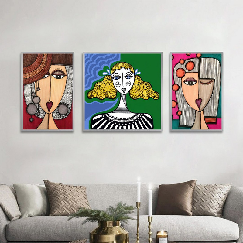 تابلو بکلیت طرح نقاشی دکوراتیو سبک کوبیسم مدل SI-1406 مجموعه 3 عددی