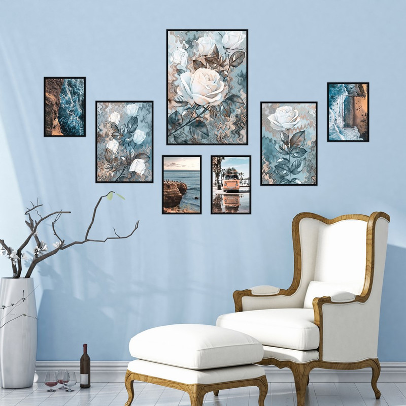 تابلو بکلیت طرح منظره دریا و گل مدل دکوراتیو کد B-437 مجموعه 7 عددی