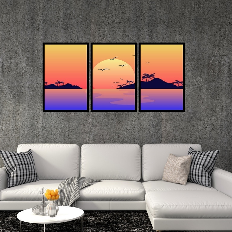 تابلو بکلیت طرح نقاشی منظره ی غروب آفتاب و کوچ پرندگان مدل B-S4978 مجموعه 3 عددی