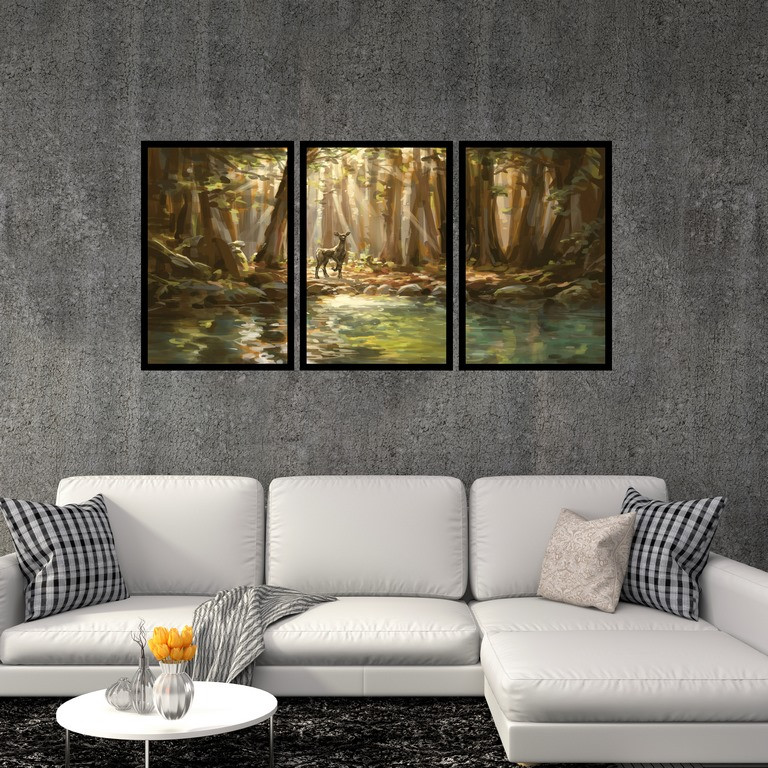 تابلو بکلیت طرح نقاشی جنگل و آهو مدل B-S4870 مجموعه سه عددی
