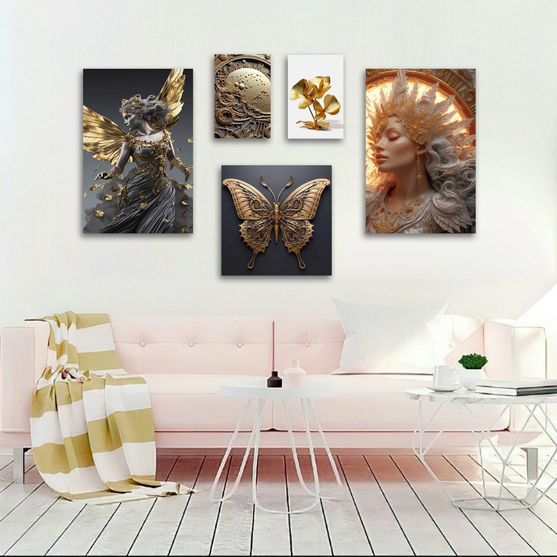 تابلو شاسی بکلیت طرح چهره و گل و پروانه طلایی مدل SH-1210  مجموعه 5 عددی