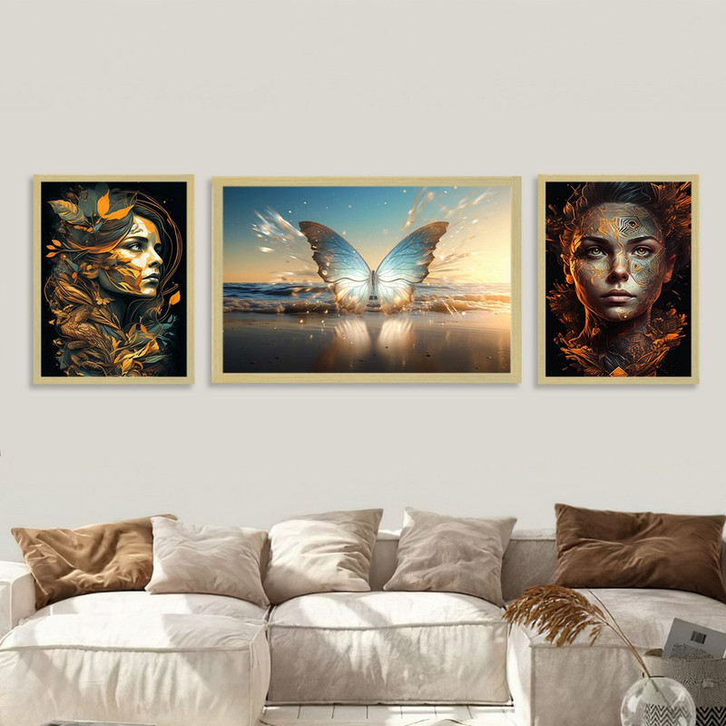تابلو بکلیت طرح دکوراتیو نقاشی چهره و پروانه طلایی مدل BE-1213 مجموعه 3 عددی