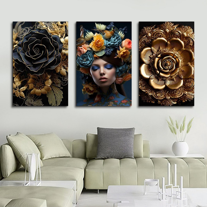 تابلو شاسی بکلیت طرح گل طلایی و چهره  مدل SH-999 مجموعه 3 عددی