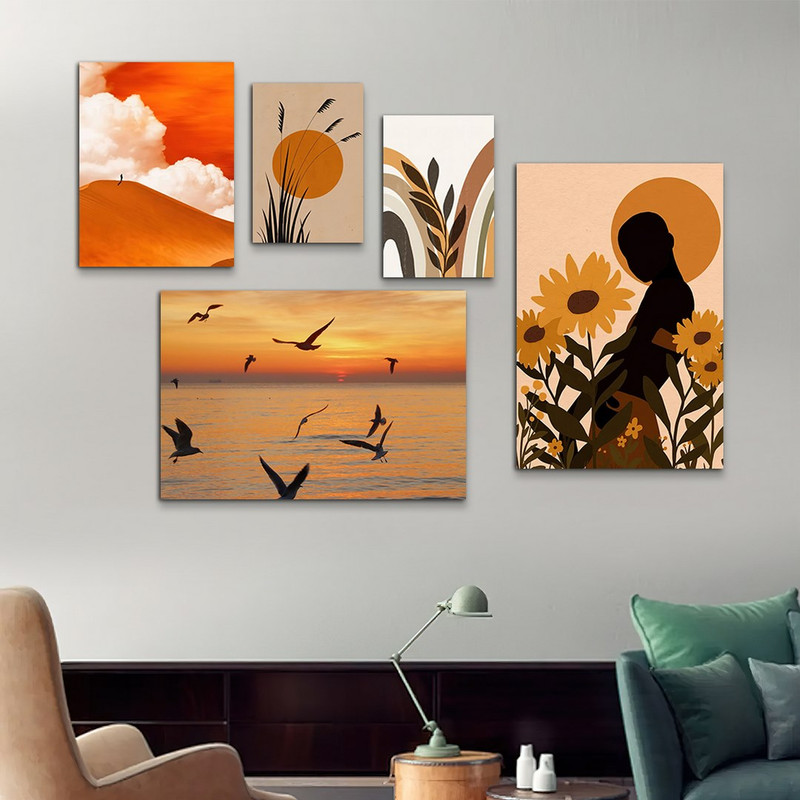 تابلو شاسی بکلیت طرح ترکیبی نقاشی مینیمال و طبیعت دریا مدل SH-991 مجموعه 5 عددی