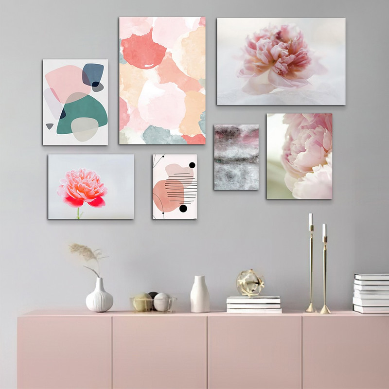 تابلو شاسی بکلیت طرح ترکیبی نقاشی مینیمال و گل رز صورتی مدل SH-971 مجموعه 7 عددی