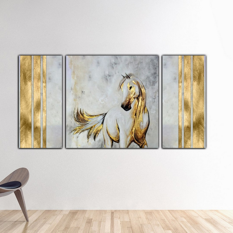 تابلو شاسی بکلیت طرح دکوراتیو اسب طلایی مدل SH-489 مجموعه 3 عددی